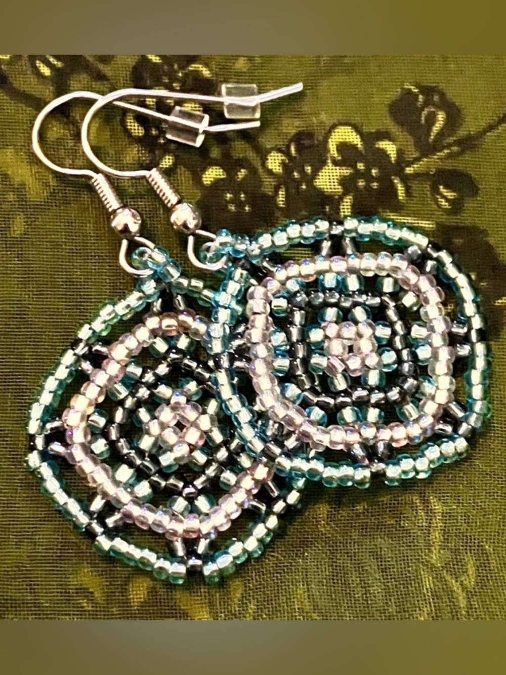 Handmade Miyuki Bead Boho Mandala Drop Earring Blue Gray Artisan Surgical Steel